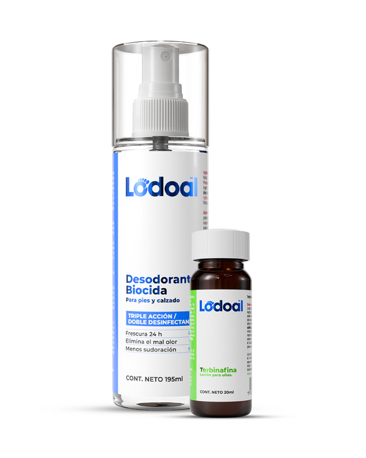 Paquete Loción cosmética para el cuidado y apariencia saludable de las uñas de los pies. + desinfectante para pies y calzado